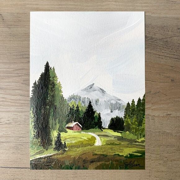 Original Painting Landscape Mountain Cabin Pine Trees Impressionist Signed 5x7 - Picture 3 of 4